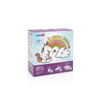 Set 3 piese 1.5l Unicorn Metalac email/Cana 8cm/Caserola capac14cm/Farfurie 18cm