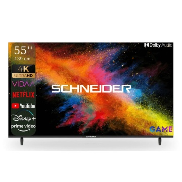 Televizor SMART VIDAA Schneider LED55‑SC691K, 139 cm (55”), 4K UHD, DLED, Borderless, Unghi larg 178°, 3x HDMI, Clasa F, Negru