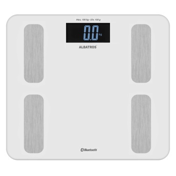 Cantar de baie Albatros Smart Fit, analizator corporal, Bluetooth Tuya Smart, max 180 kg, afisaj LED, suprafata sticla, Alb