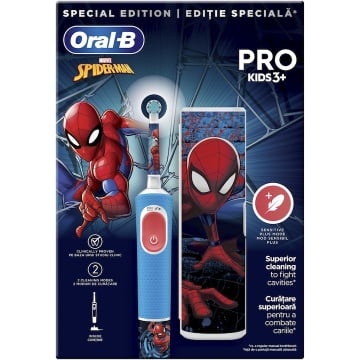 Periuta de dinti electrica Oral-B Pro Kids Spiderman pentru copii, Curatare 2D, 2 programe, 1 capat, 4 autocolante, trusa de calatorie, Albastru - Img 3