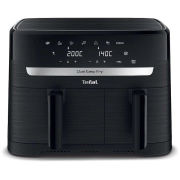 (Resigilat)Friteuza dubla cu aer cald Tefal Dual Easy Fry EY901N10, Putere 2700W, 7 Programe de gatire, Ecran LCD, Capacitate 5.2L + 3.1L, Negru