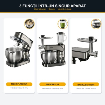 Robot de bucatarie Buntz BMP-2000SL, 2000 W, Bol 10 L Inox, 6 Viteze, Functie Pulse, display Tactil, Mixer, Tocator si Blender, Inox - Img 3