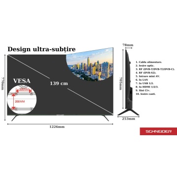 Televizor SMART VIDAA Schneider LED55‑SC691K, 139 cm (55”), 4K UHD, DLED, Borderless, Unghi larg 178°, 3x HDMI, Clasa F, Negru - Img 8