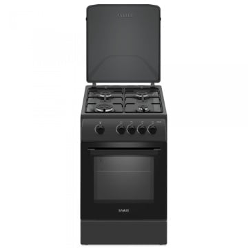 Aragaz Samus SM561BBS, 4 arzatoare gaz, arzator Wok, grill gaz, aprindere electrica, timer, geam dublu Low-e, Antracit, Resigilat