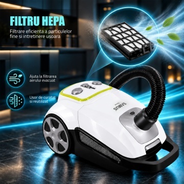 Aspirator cu sac Samus Deluxe, 700 W, Sac textil 3 L, Filtru HEPA lavabil, Cablu 5 m, Alb - Img 8