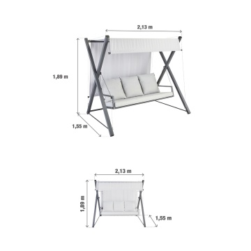 Balansoar gradina, pentru 3 persoane, otel/textil, 213 x 155 x 189 cm, gri - Img 7
