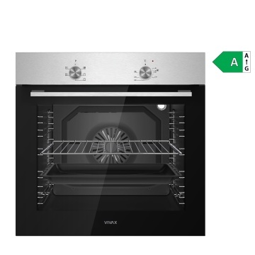 Cuptor incorporabil VIVAX BO-806BFM X, Electric, Clasa A, Capacitate 80 l, 5 programe + Lumina, Grill, Convectie, Dezghetare, Temperatura ajustabila 40–240°C, 2500W, Ventilatie tangentiala de racire, Ghidaje cromate detasabile, Usa dubla din sticla, Inox