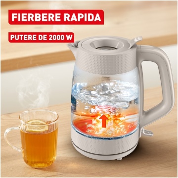 Fierbator electric Tefal Morning KO2G0BE0, 2000 W, 1.7 L, sticla, filtru anticalcar, baza rotativa, oprire automata, Crem - Img 4