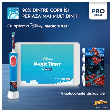 Periuta de dinti electrica Oral-B Pro Kids Spiderman pentru copii, Curatare 2D, 2 programe, 1 capat, 4 autocolante, trusa de calatorie, Albastru - Img 10