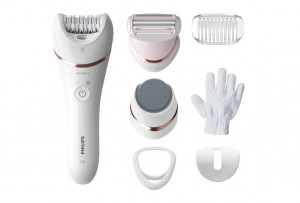 Epilator umed si uscat Philips Seria 8000 BRE730/10, 7 accesorii, 32 pensete, utilizare fara fir, 2 setari viteza, opti-light, discuri ceramice, Argintiu