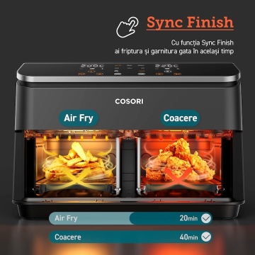 Friteuza cu aer cald Cosori Dual Basket, 8 functii de gatire, 1750 W, 230℃, doua cosuri cu fereastra transparenta, 8.5 litri - Img 9