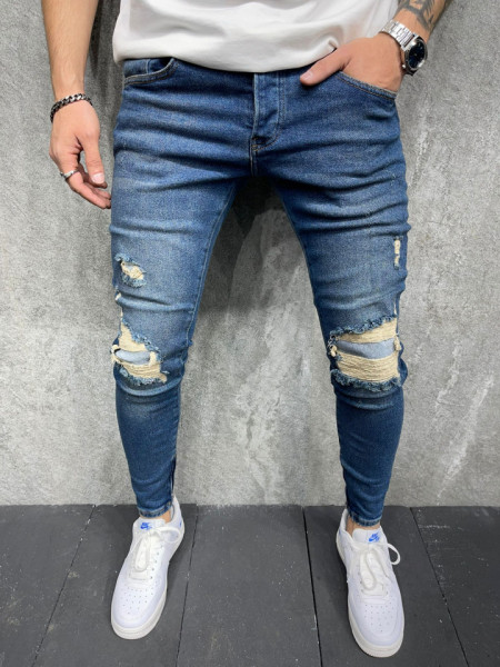 SLIM CASUAL JEANS PATCHES BLUE BGAS745(6608)