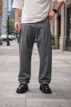 PANTALONI BARBATI WIDE LEG MID-GREY ELEGANT STREETWEAR