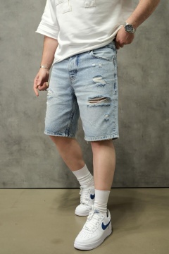 PANTALONI SCURȚI DIN DENIM BLEACH CU EFECT UZAT ȘI RUPTURI DECORATIVE PSAS224(1883)