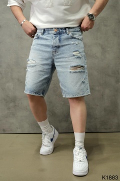 PANTALONI SCURȚI DIN DENIM BLEACH CU EFECT UZAT ȘI RUPTURI DECORATIVE PSAS224(1883) - Img 2