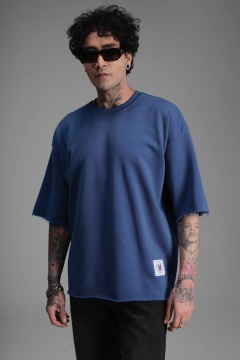 TRICOU BARBATI OVERSIZED INDIGO-BLUE RAW EDGE STREETWEAR