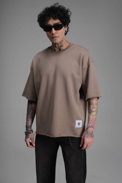 TRICOU BARBATI OVERSIZED CAMEL RAW EDGE STREETWEAR