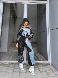 Set 2 piese cu denim pictat si accesorizat hand made by JDR 0584 - Img 2
