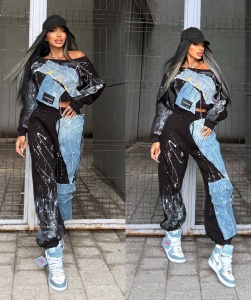 Set 2 piese cu denim pictat si accesorizat hand made by JDR 0584