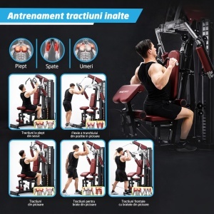 Aparat Multifunctional Fitness GO4FIT®, Model M1000, Home Gym Profesional cu Bloc Greutati 72 Kg, 35+ Exercitii, Presa Piept, Fluturari, Tractiuni Inalte & Joase, Extensii Picioare, Scripeti Dubli, Cadru Otel Solid, Antrenament Full Body, Negru - Img 5