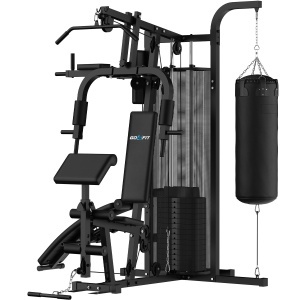 Aparat Multifunctional Fitness GO4FIT®, Model M200, Home Gym 4-in-1 cu Sac de Box & Banca Abdomene, Bloc Greutati 70 Kg, Suport Gantere, Sistem Scripeti & Tractiuni, Cadru Otel Solid, Antrenament Full Body, Negru - Img 3