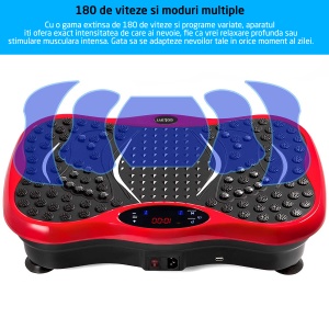 Aparat Vibromasaj GO4FIT® GF1000, Platforma Vibratii Fitness, Putere 200 W, 99 Viteze, 5 Programe, 2 Benzi Elastice de Rezistenta, Telecomanda, Boxe Integrate si USB, Magneti Masaj Talpi, Greutate Maxima 120 kg, Rosu - Img 2