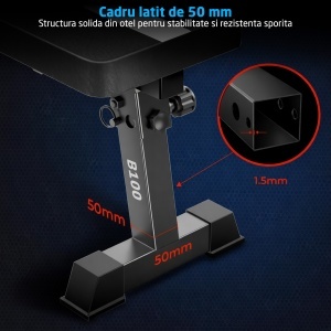 Banca Fitness GO4FIT®, Model B100, Greutate Maxima 150 kg, Cadru Otel 50 mm, Tetiera Reglabila 3 Pozitii, Lungime 137.5 cm, Pliabila, Mecanism Triplu Blocare, Negru - Img 6