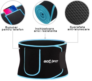 Centura de Slabit GO4FIT® pentru Fitness, Efect de Sauna, Neopren Gros fara Latex, Modelare Talie si Abdomen, Buzunar pentru Telefon, Inchidere Velcro Ajustabila, Flexibila si Confortabila, Albastru - Img 2