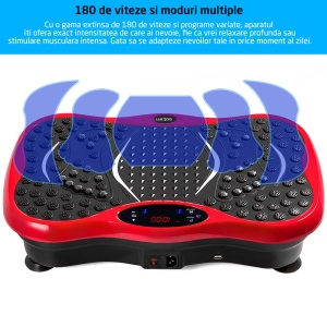Resigilat - Aparat Vibromasaj GO4FIT® GF1000, Platforma Vibratii Fitness, Putere 200 W, 99 Viteze, 5 Programe, 2 Benzi Elastice de Rezistenta, Telecomanda, Boxe Integrate si USB, Magneti Masaj Talpi, Greutate Maxima 120 kg, Rosu - Img 2