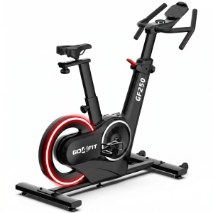 Resigilat - Bicicleta Spinning Electromagnetica GO4FIT®, Model GF250, Volanta 12 kg, Rezistenta Reglabila 32 Trepte, Greutate Maxima Utilizator 120 kg, Bluetooth, Compatibila Kinomap, Iluminare LED Dinamica, Consola Electronica, Ghidon si Sa Reglabile