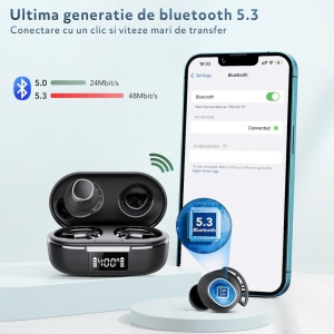 Resigilat - Casti Wireless Audio fara Fir, Bluetooth 5.3, Microfon, Afisaj LED Control Tactil, Autonomie 60h, Tip Incarcare Type-C, Carcasa Magnetica, Rezistenta la Apa IPX8, 500mAh, Negru - Img 7