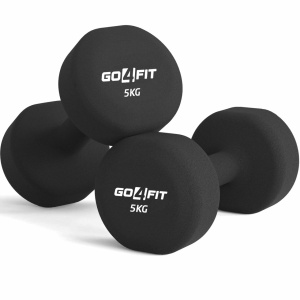 Resigilat - Set 2 Gantere Fitness GO4FIT®, Greutate 2 x 5 kg, Interior Fonta Solida si Invelis Neopren, Design Ergonomic Anti-roll, Suprafata Antiderapanta, Impermeabile, Antrenamente Acasa, Aerobic sau Sala Forta, Protejeaza Podeaua, Negru