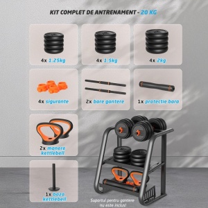 Resigilat - Set Gantere Reglabile GO4FIT, Model FED, 20kg, Extensie Haltera si Baza Kettlebell, Manere Flotari, Protectie Bara, Sistem de Prindere Sigur, Manere Antiderapante, Antrenament Complet Acasa sau Sala - Img 2