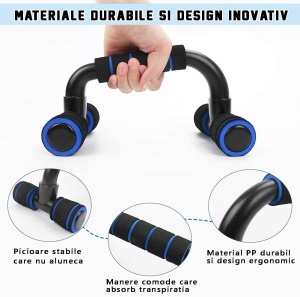RESIGILAT - Set Manere pentru Flotari GO4FIT®, Push Up Bars cu Manere Buretate, Picioare Cauciucate Antiderapante, Stabilitate Sporita, pentru Antrenament Brate, Umeri si Spate, Incepatori si Avansati, Usoare si Portabile, Negru/Albastru - Img 4