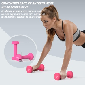 Set 2 Gantere Fitness GO4FIT®, Greutate 2 x 1 kg, Interior Fonta Solida si Invelis Neopren, Design Ergonomic Anti-roll, Suprafata Antiderapanta, Impermeabile, Antrenamente Acasa, Aerobic sau Sala Forta, Protejeaza Podeaua, Roz - Img 2