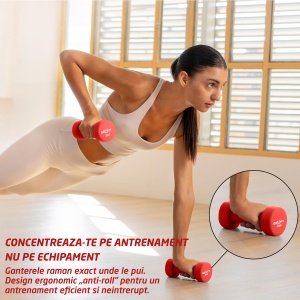 Set 2 Gantere Fitness GO4FIT®, Greutate 2 x 3 kg, Interior Fonta Solida si Invelis Neopren, Design Ergonomic Anti-roll, Suprafata Antiderapanta, Impermeabile, Antrenamente Acasa, Aerobic sau Sala Forta, Protejeaza Podeaua, Rosu - Img 2