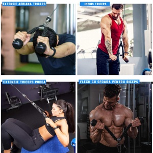 Sfoara Triceps GO4FIT® pentru Aparate cu Cablu, Nylon Impletit Ultra-Rezistent, Capete din Cauciuc Antiderapante, Prindere Universala cu Carlig, pentru Triceps, Biceps, Spate, Umeri si Forta de Strangere, 68 cm, Negru - Img 7