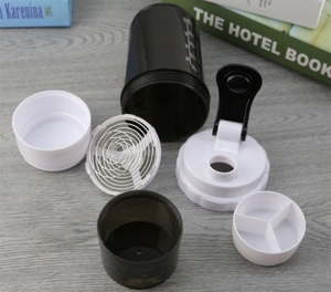 Shaker Proteine GO4FIT®, 600 ml, Plastic fara BPA, cu Capac, 2 Recipiente pentru Pudra Proteica, Compartiment pentru Pastile, Accesoriu de Amestecare, pentru Sala, Fitness si Suplimente, Usor de Transportat, Alb - Img 4