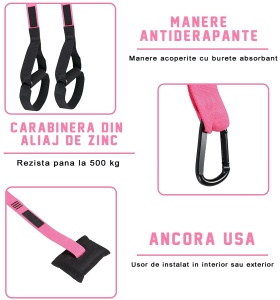 Sistem Antrenament Suspensie tip TRX GO4FIT®, Un Singur Punct de Ancorare, 2 Metode de Montare, Manere pentru Maini si Picioare, Rezistenta 250 kg, Antrenament Full Body cu Greutatea Corpului, Fitness, Yoga, Pilates, Roz - Img 5