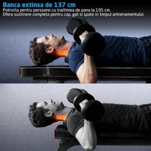 Banca Fitness GO4FIT®, Model B100, Greutate Maxima 150 kg, Cadru Otel 50 mm, Tetiera Reglabila 3 Pozitii, Lungime 137.5 cm, Pliabila, Mecanism Triplu Blocare, Negru - Img 3