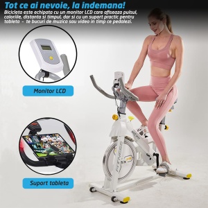 RESIGILAT - Bicicleta spinning pentru fitness, GO4FIT, model GF200, volanta 10kg, greutate maxima utilizator 150 kg, functii: timp, viteza, distanta, calorii, puls - Img 9