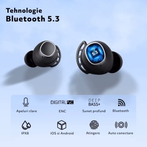 Resigilat - Casti Wireless Audio fara Fir, Bluetooth 5.3, Microfon, Afisaj LED Control Tactil, Autonomie 60h, Tip Incarcare Type-C, Carcasa Magnetica, Rezistenta la Apa IPX8, 500mAh, Negru - Img 4