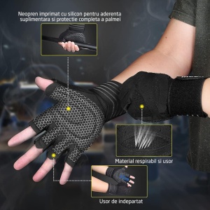 Resigilat - Manusi Fitness si Sala GO4FIT®, Protectie Palma, Neopren Rezistent, Material Respirabil, Curele Incheietura, Velcro, Potrivite pentru Powerlifting, Trageri, Negru - Img 6