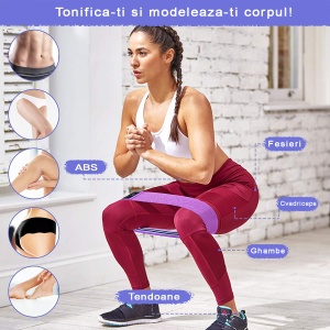 Set 3 Benzi Elastice din Material Textil GO4FIT®, 3 Niveluri de Rezistenta, Antiderapante, Potrivite pentru Piele Sensibila, pentru Fitness, Fese si Picioare, Aerobic, Pilates, Yoga, Stretching si Recuperare, Saculet Inclus, Verde/Mov/Roz - Img 5