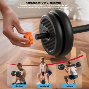Set Gantere Reglabile GO4FIT, Model FED, 30kg, Extensie Haltera si Baza Kettlebell, Manere Flotari, Protectie Bara, Sistem de Prindere Sigur, Manere Antiderapante, Antrenament Complet Acasa sau Sala - Img 4