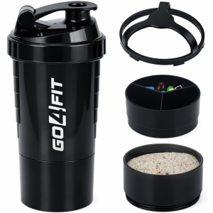 Shaker Proteine GO4FIT®, 600 ml, Plastic fara BPA, cu Capac, 2 Recipiente pentru Pudra Proteica, Compartiment pentru Pastile, Accesoriu de Amestecare, pentru Sala, Fitness si Suplimente, Usor de Transportat, Negru