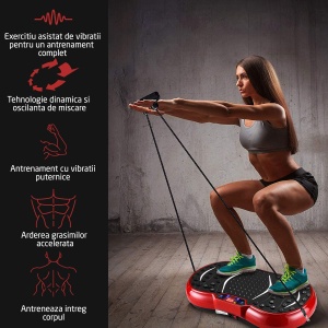 Aparat Vibromasaj GO4FIT® GF1000, Platforma Vibratii Fitness, Putere 200 W, 99 Viteze, 5 Programe, 2 Benzi Elastice de Rezistenta, Telecomanda, Boxe Integrate si USB, Magneti Masaj Talpi, Greutate Maxima 120 kg, Rosu - Img 6