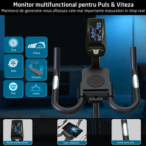 Bicicleta Spinning Magnetica GO4FIT® Model GF210, Volanta 10 kg, Rezistenta Ajustabila, Greutate Maxima Utilizator 130 kg, - Img 2