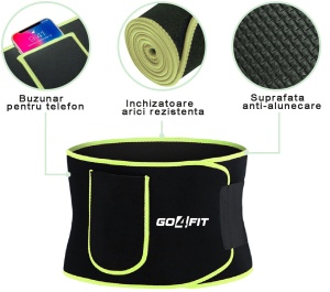 Centura de Slabit GO4FIT® pentru Fitness, Efect de Sauna, Neopren Gros fara Latex, Modelare Talie si Abdomen, Buzunar pentru Telefon, Inchidere Velcro Ajustabila, Flexibila si Confortabila, Verde - Img 2