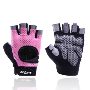 Manusi Fitness GO4FIT® pentru Sala, Material Respirabil Perforat, Palma Captusita 7 mm, Puncte de Silicon Antiderapante, Inchidere Velcro, Zona Absorbanta pe Degete, pentru Culturism, Crossfit si Ciclism, Roz/Negru